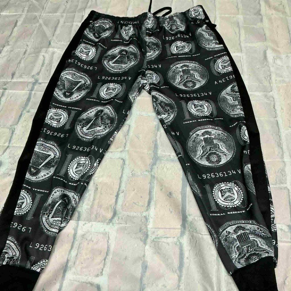 G NET Mens‎ 3XL Dollar Bill Print Jogger Pants Black White Polyester Casual